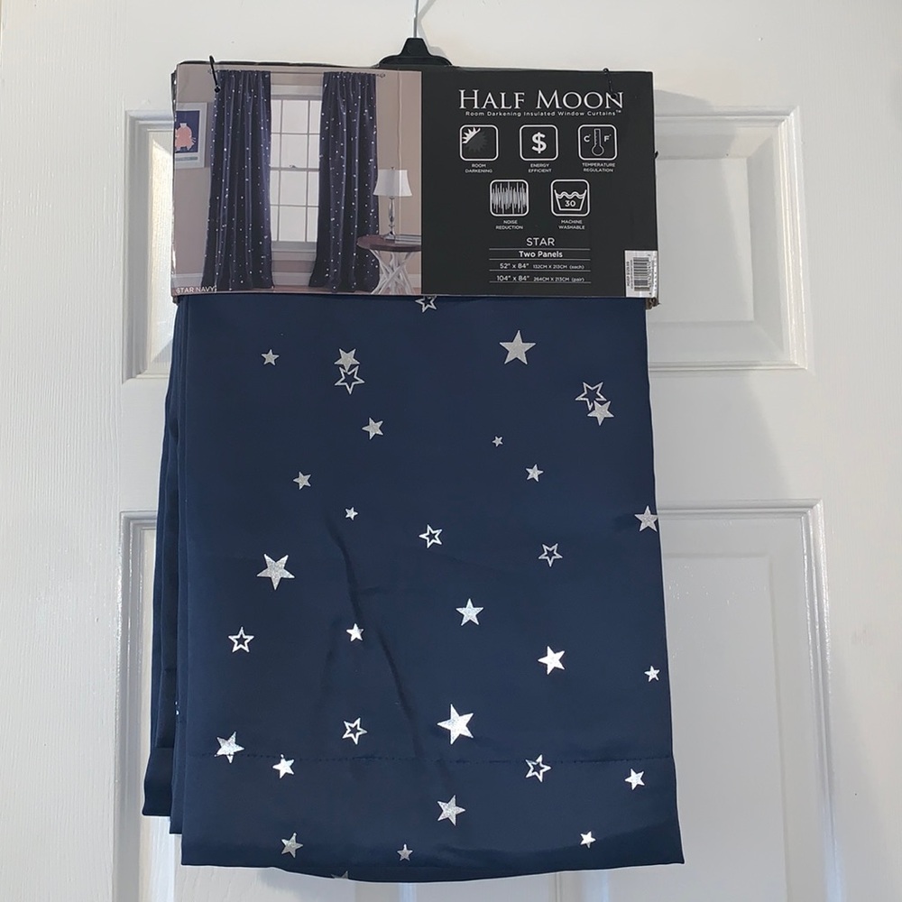Half Moon Blue w Silver Stars 52”x84” Room Darkening  Insulated Curtains NEW